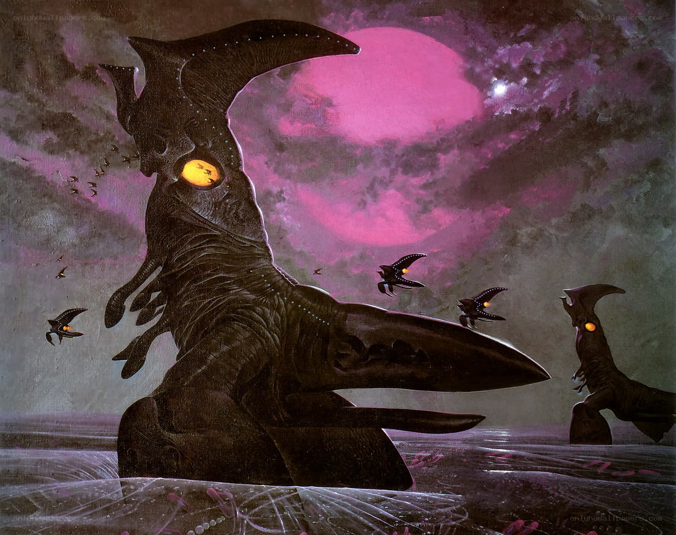 Giant alien creatures on a purple planet