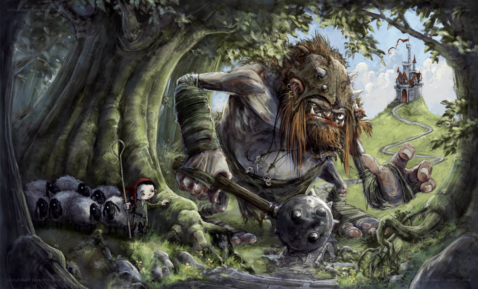 Giant and shepherd in forest