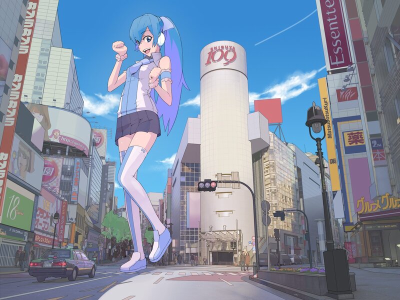 Giant anime girl in city