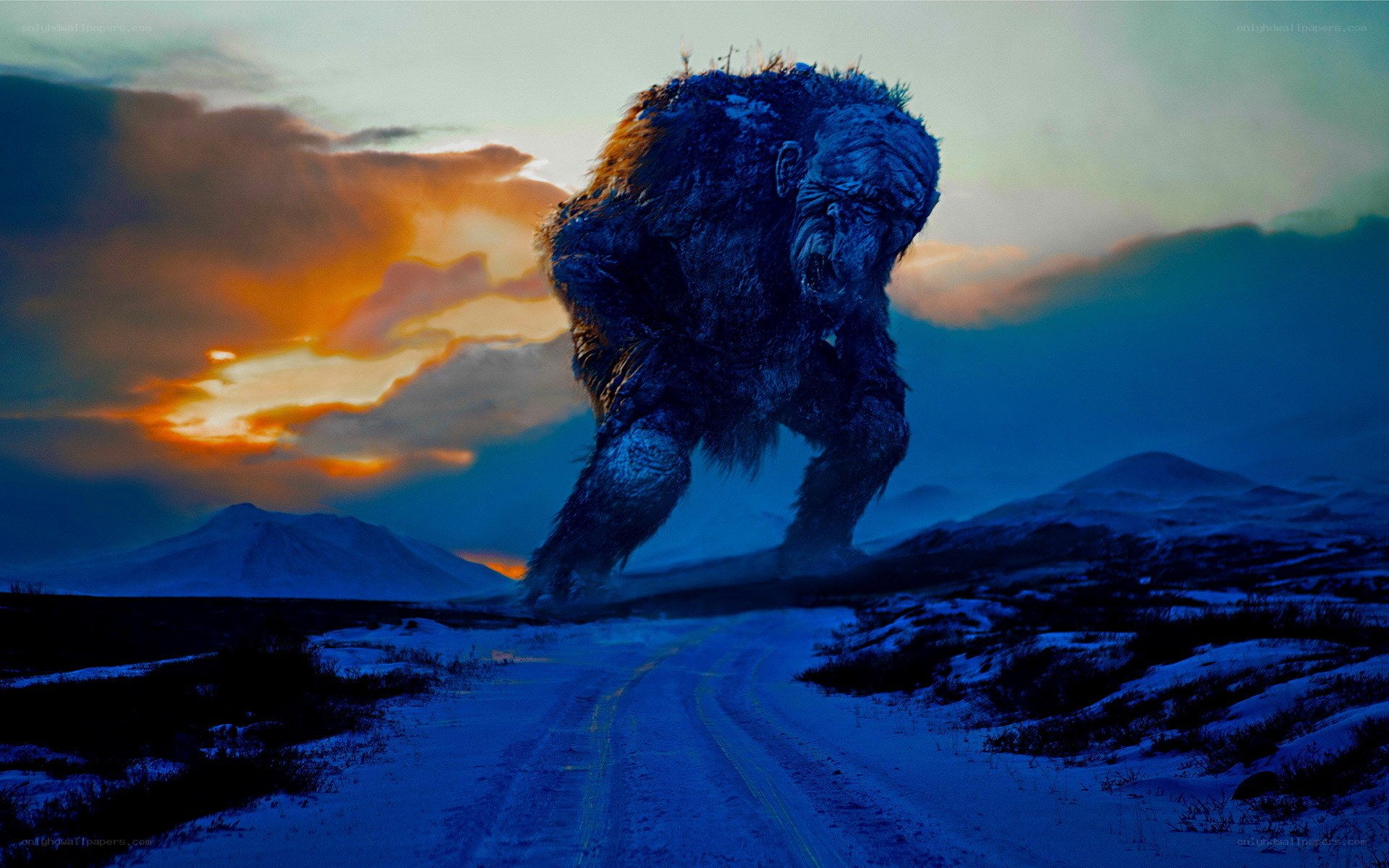giant ape in snowy landscape