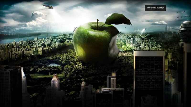 giant apple in cityscape