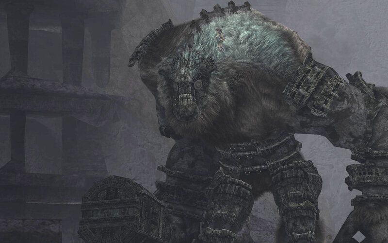 giant armored beast in ruins