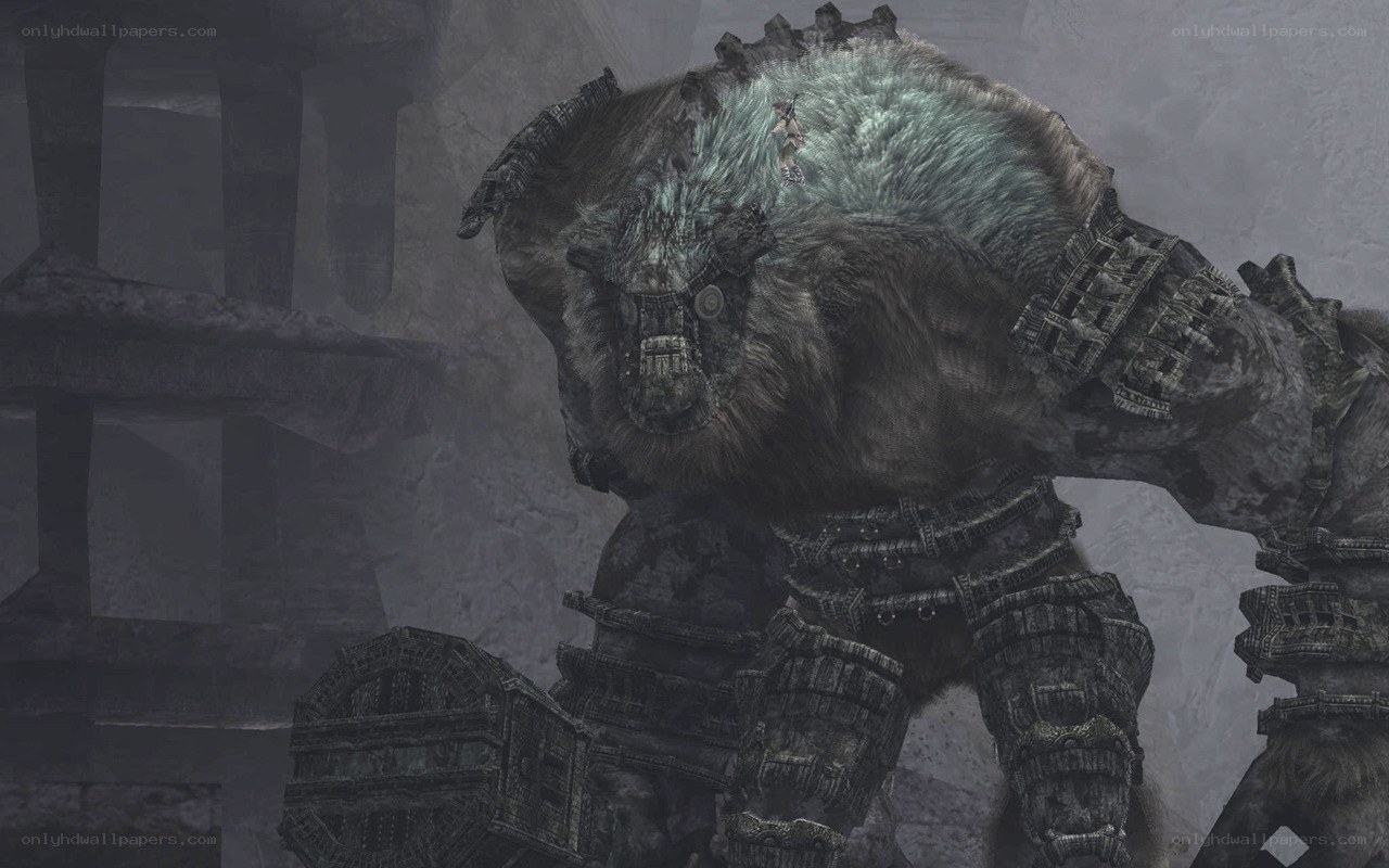 giant armored beast in ruins