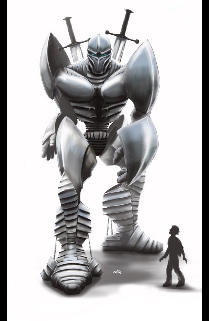 giant armored warrior with swords