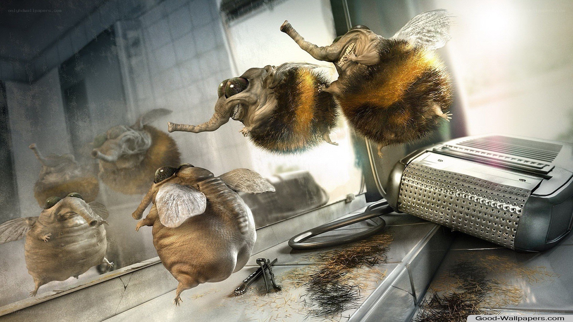 giant bees in a bathroom