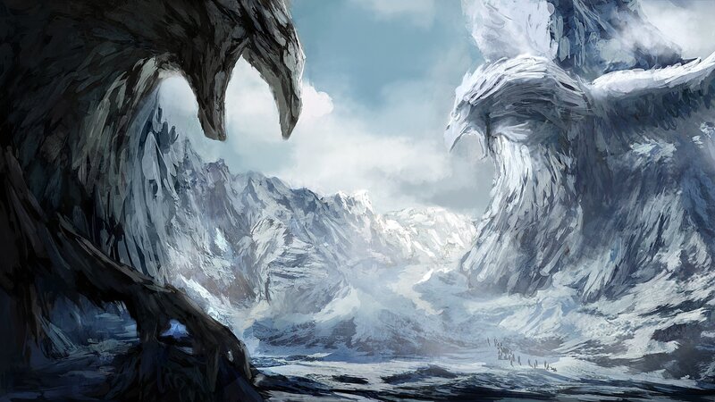 Giant birds in a snowy valley