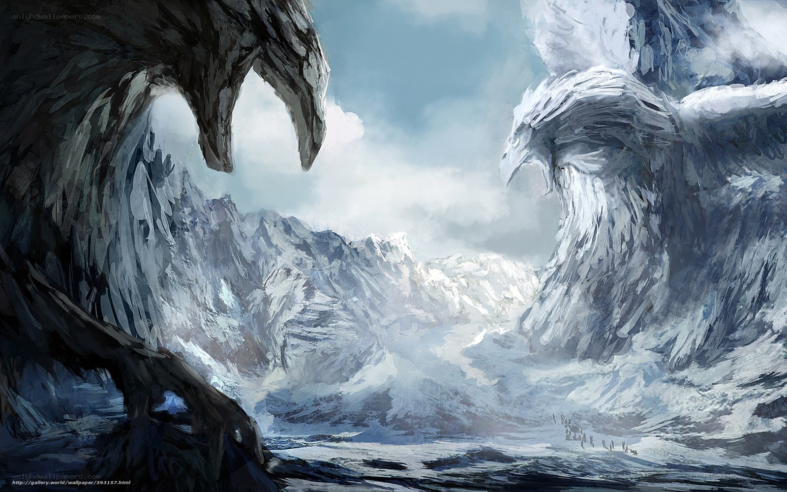 Giant birds in snowy mountains