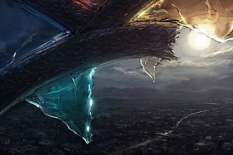 Giant broken structure over city