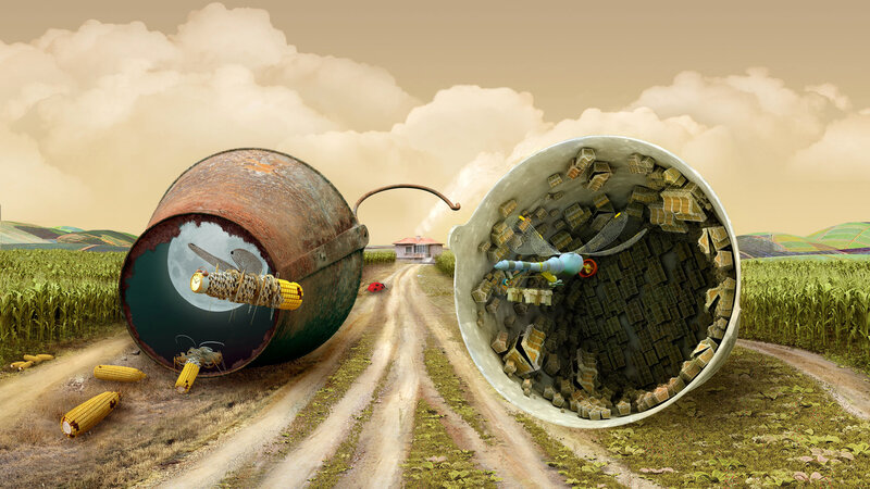 Giant Buckets on Dirt Road