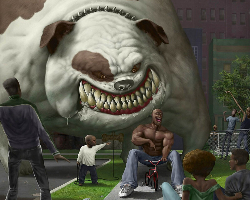 Giant Bulldog Monster — White, Dramatic, Afternoon, Digital Art, People