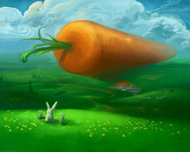 Giant carrot in a green field
