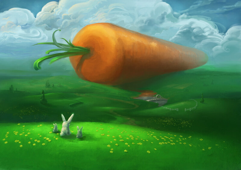 Giant carrot in a green field