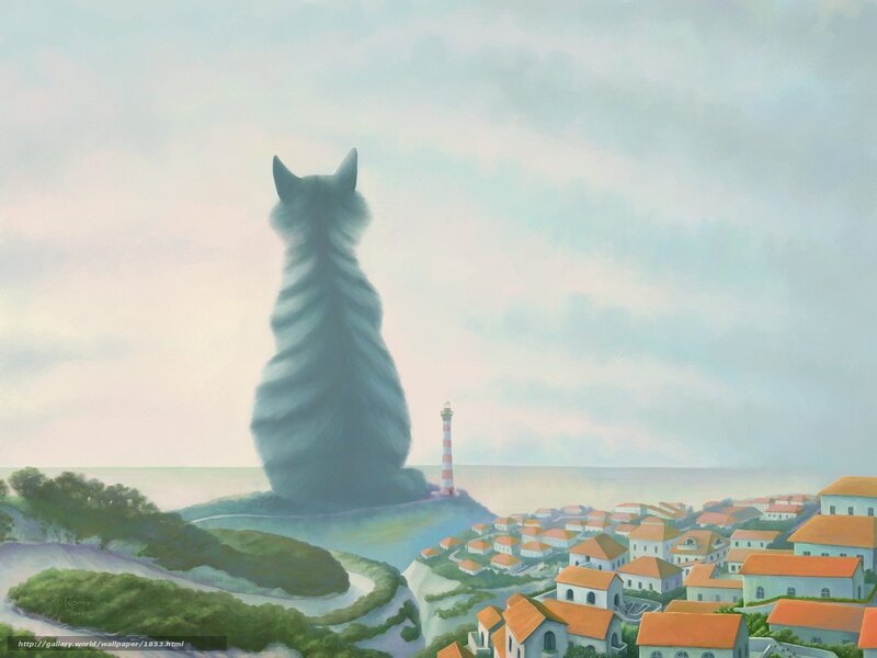 Giant cat overlooking coastal town