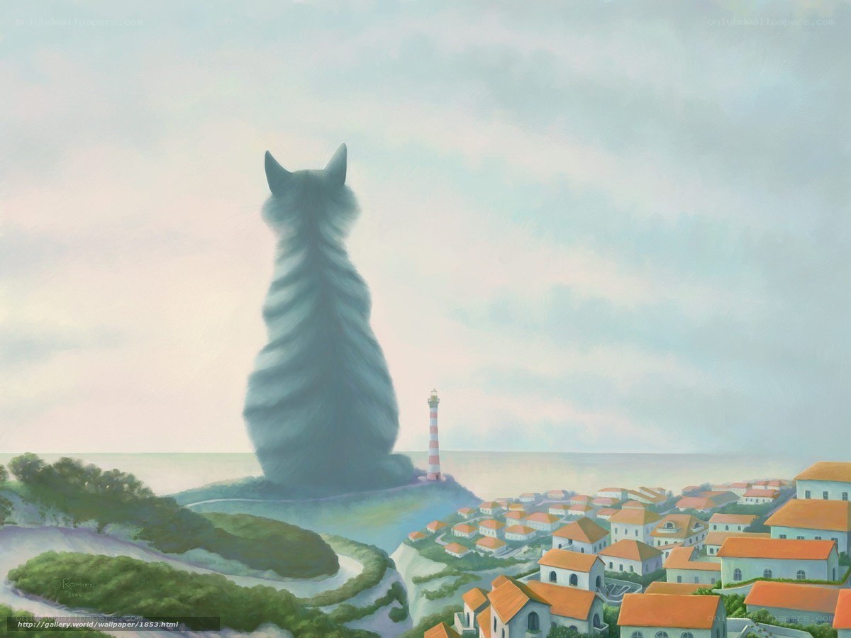 Giant cat overlooking coastal town