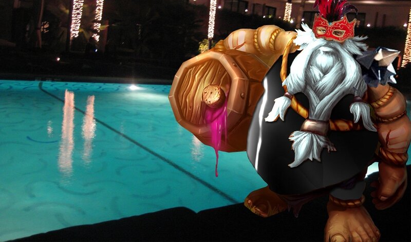giant character by pool at night