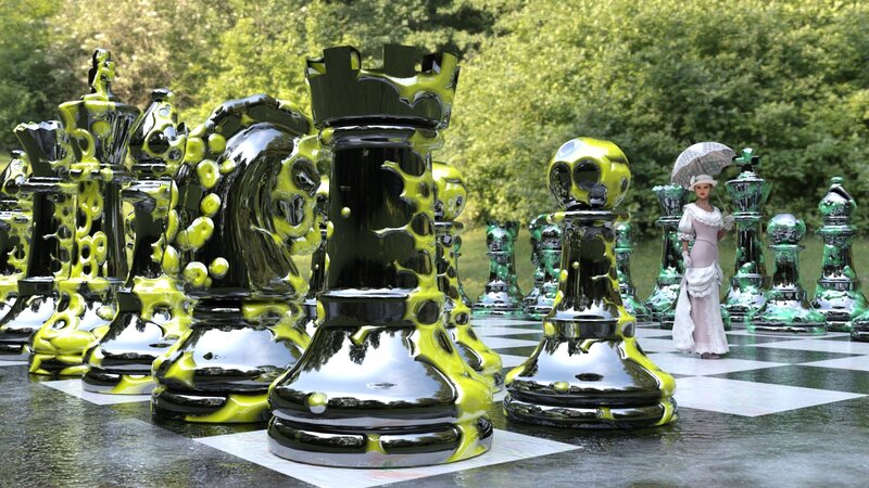 Giant Chess Pieces and Woman