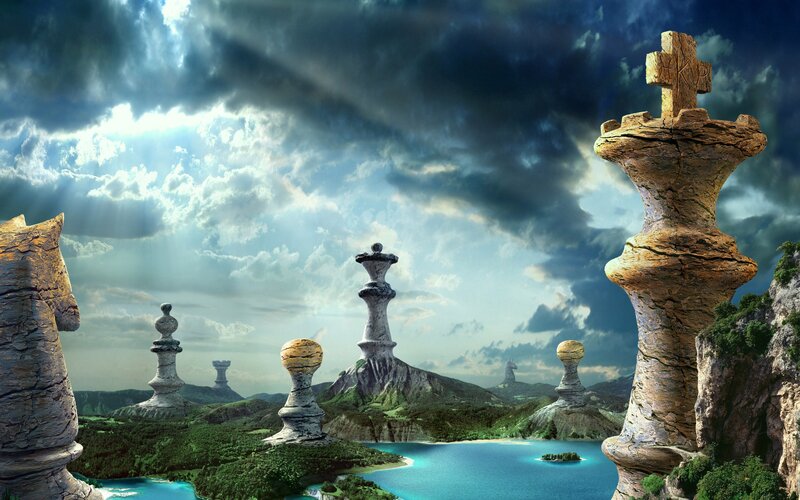 Giant Chess Pieces Landscape — Blue, Dramatic, Afternoon, Digital Art, Chess Pieces, Lake, Mountains