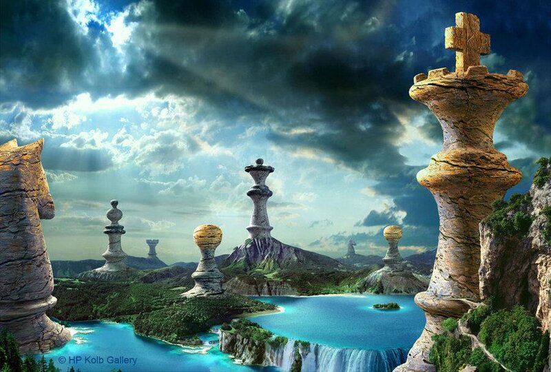 Giant Chess Pieces Landscape — Blue, Dramatic, Afternoon, Digital Art, Chess Pieces, Lake