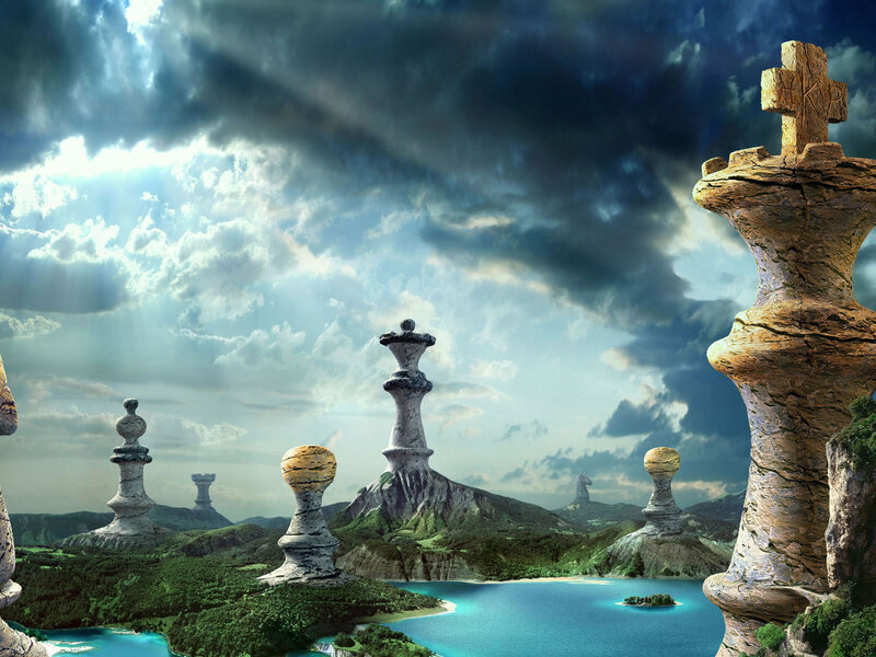 Giant Chess Pieces Landscape — Blue, Dramatic, Afternoon