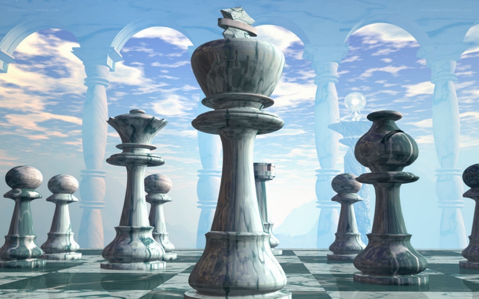 Giant chess pieces on a board