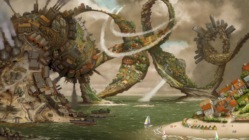 Giant City-creature — Green, Dramatic, Digital Art, City, Ocean, Sailboats