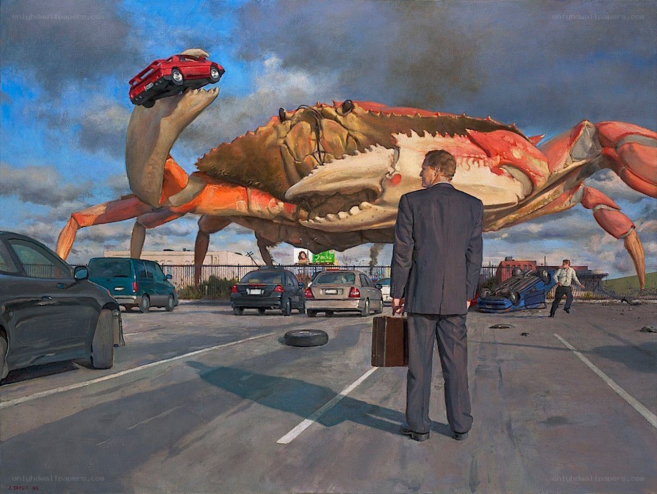 Giant crab attacks parking lot