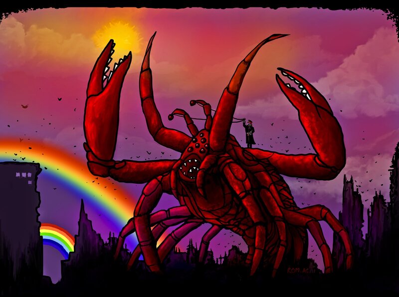 giant crab in a ruined city
