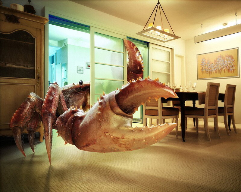 Giant Crab in Dining Room — Brown, Surreal