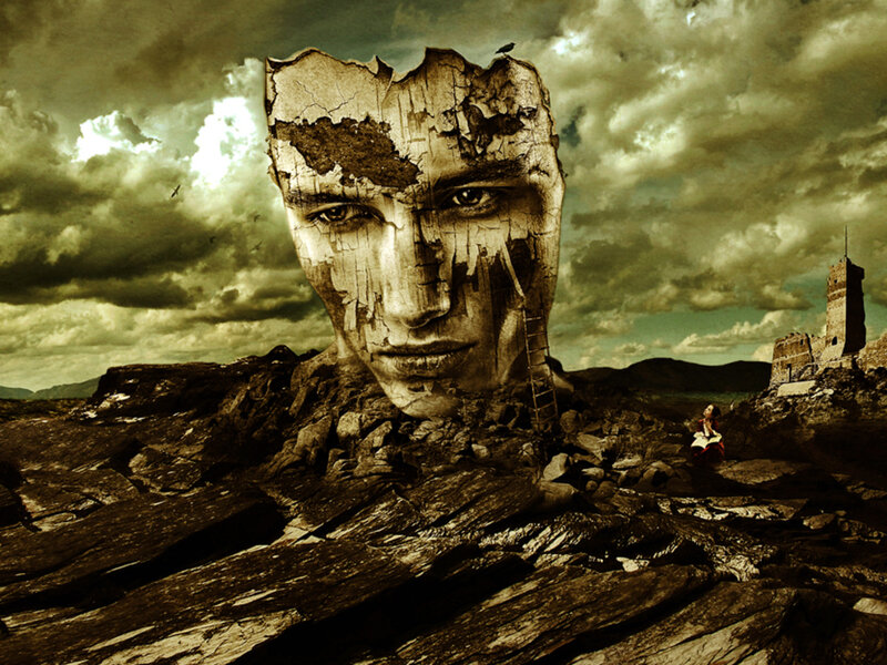 Giant Cracked Face Sculpture