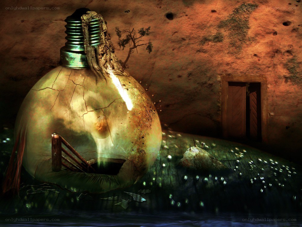 giant cracked light bulb in cave
