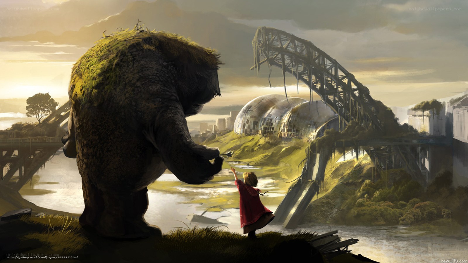 giant creature and child in ruins
