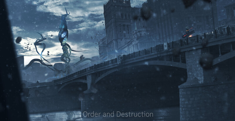 Giant Creature Attacking City — Blue