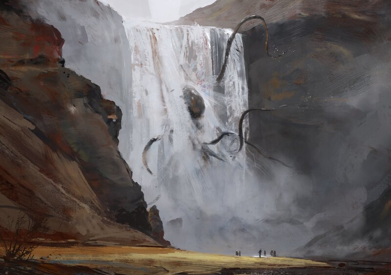 Giant Creature Behind Waterfall