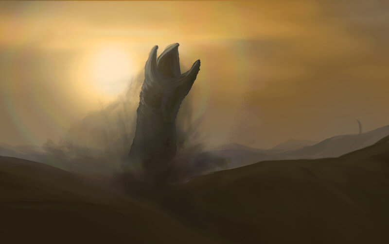 giant creature emerging at sunset