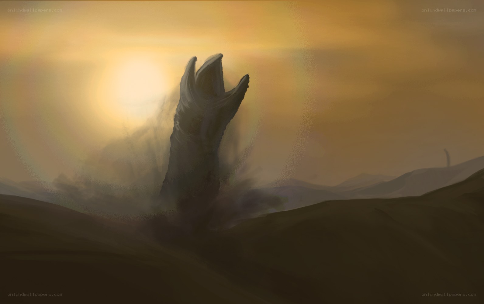 giant creature emerging at sunset