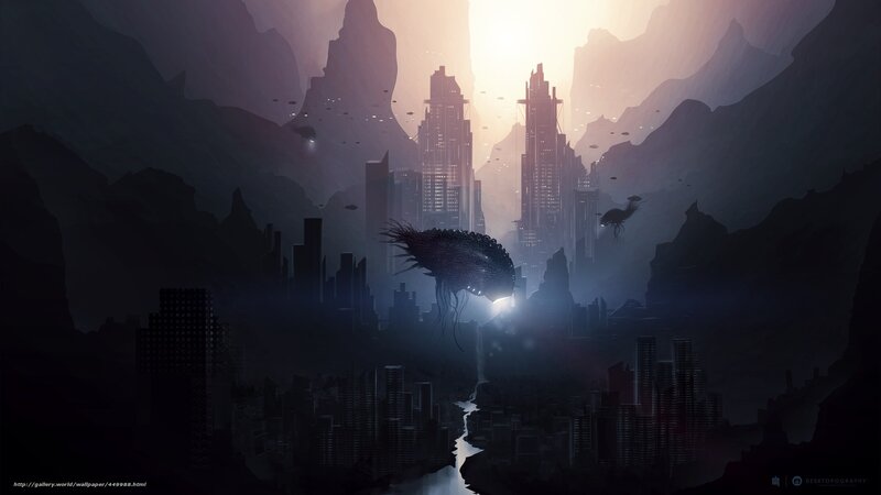 Giant Creature Flying over City