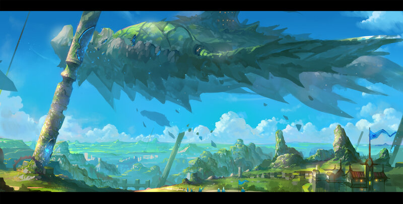 Giant Creature Flying over Land