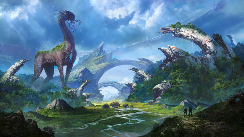 Giant Creature in Alien Landscape