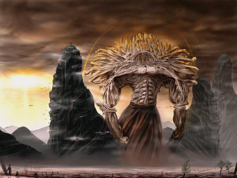giant creature in desolate landscape
