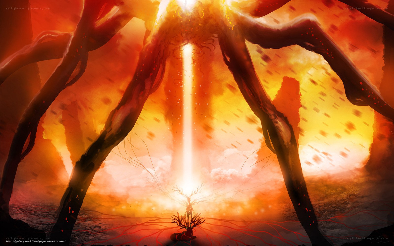 Giant creature in fiery landscape