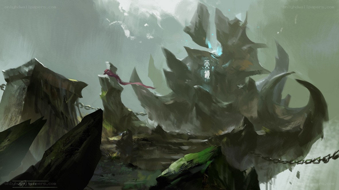 Giant creature in misty ruins