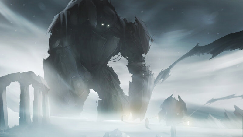 giant creature in snowy ruins