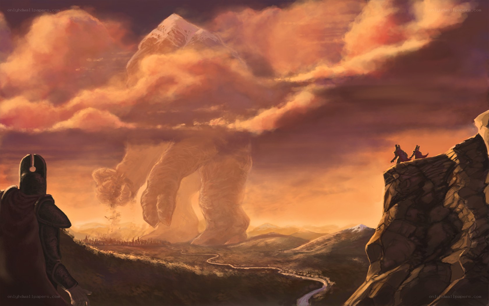 Giant creature in sunset landscape