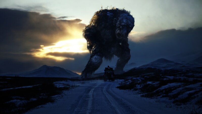 Giant Creature on Snowy Road — Blue