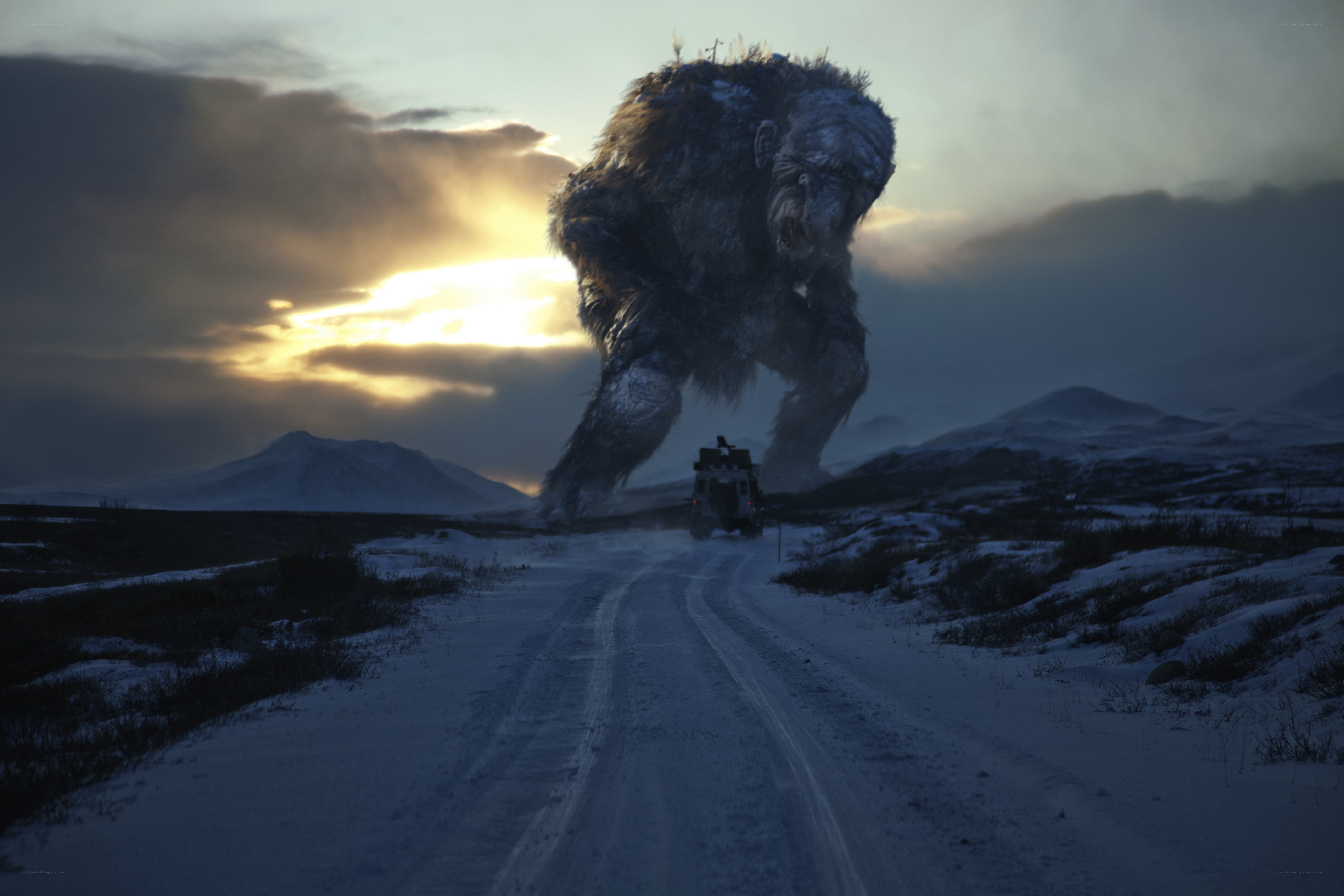 giant creature on snowy road