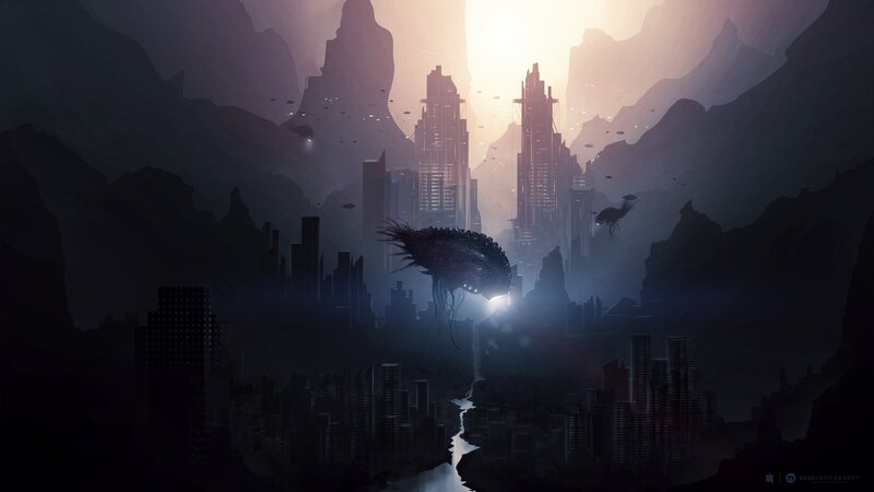 Giant Creature over City — Purple, Dramatic, Sunset, Digital Art