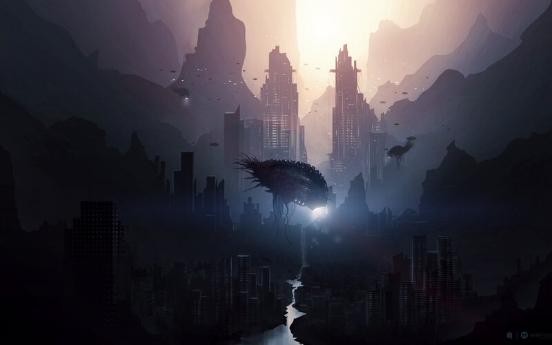 Giant Creature over City — Purple, Dramatic, Sunset