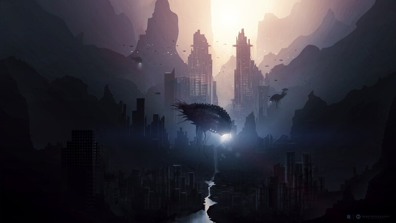 Giant Creature over City — Purple