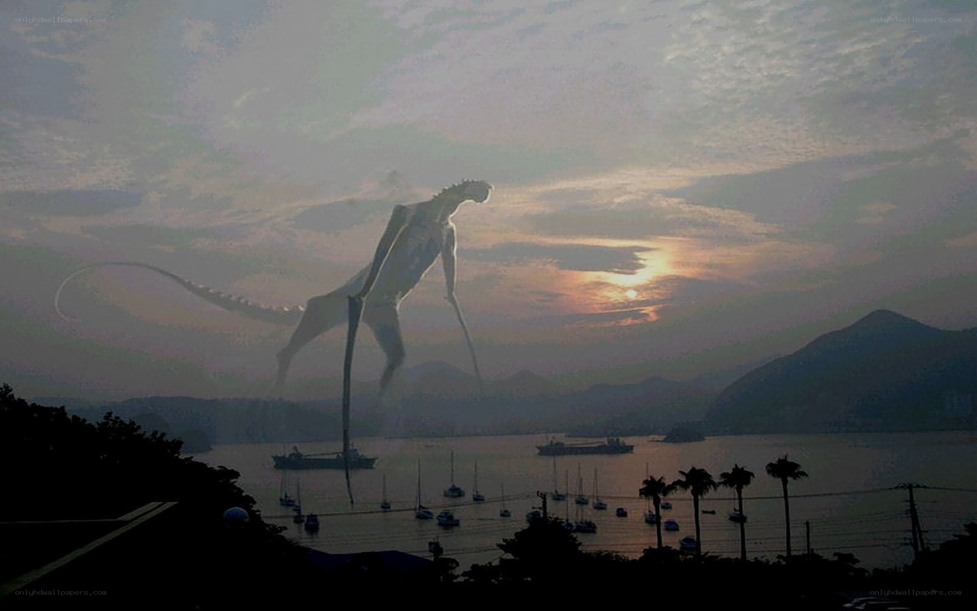 giant creature over harbor at sunset