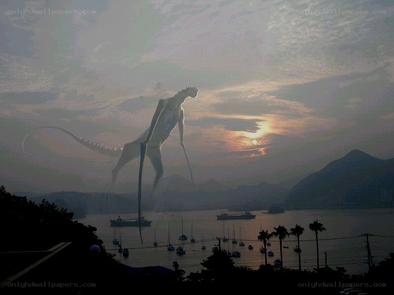 giant creature over harbor at sunset